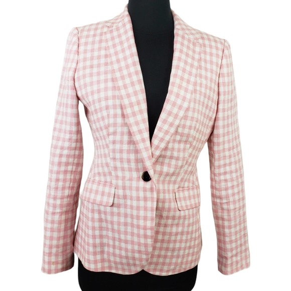 J Crew Blazer Gingham Check Pink & White Linen One Button Interior Pocket Size 2